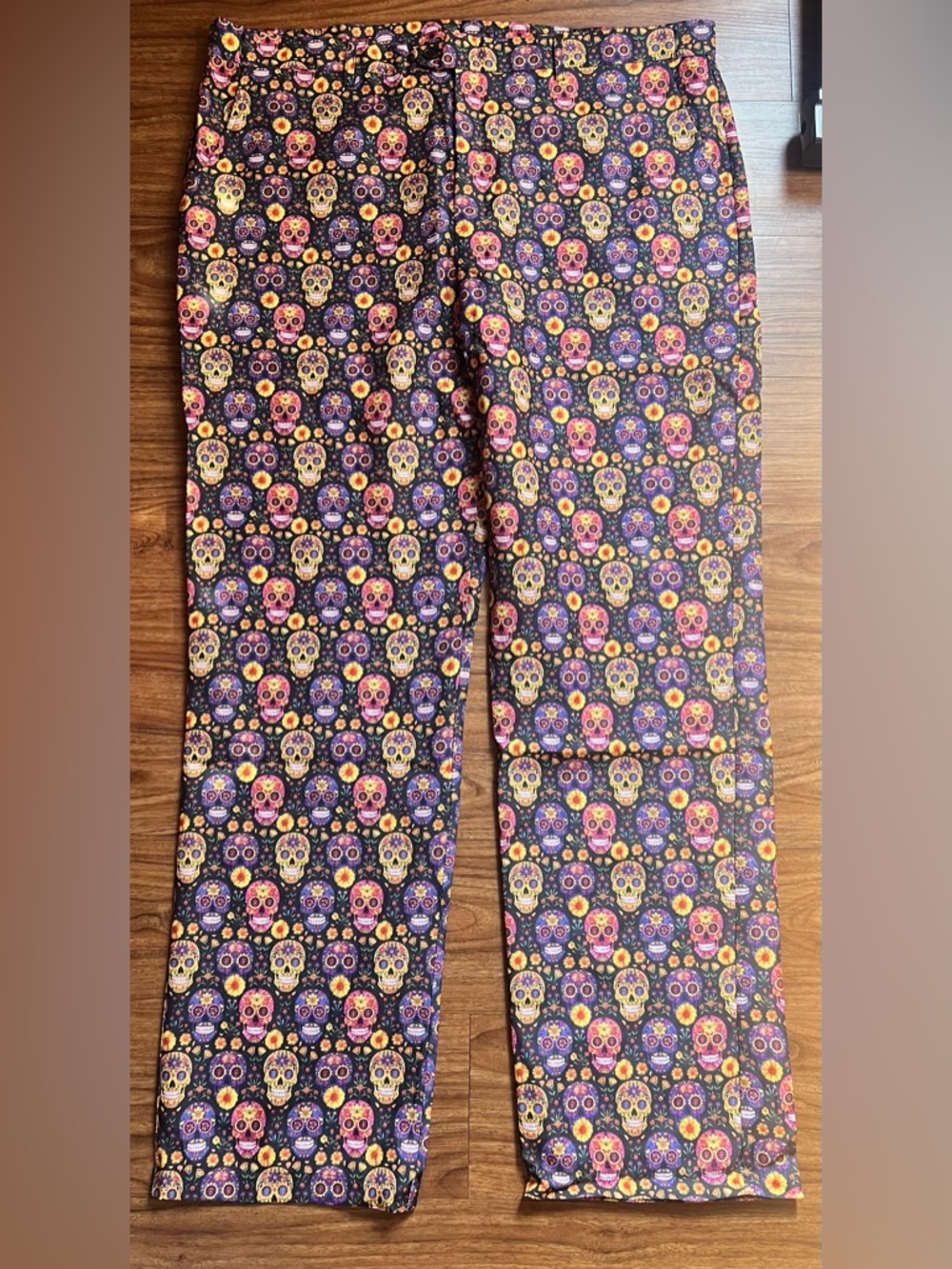 Men's Black Sugar Skull Print Dress Pants with Colorful Accents